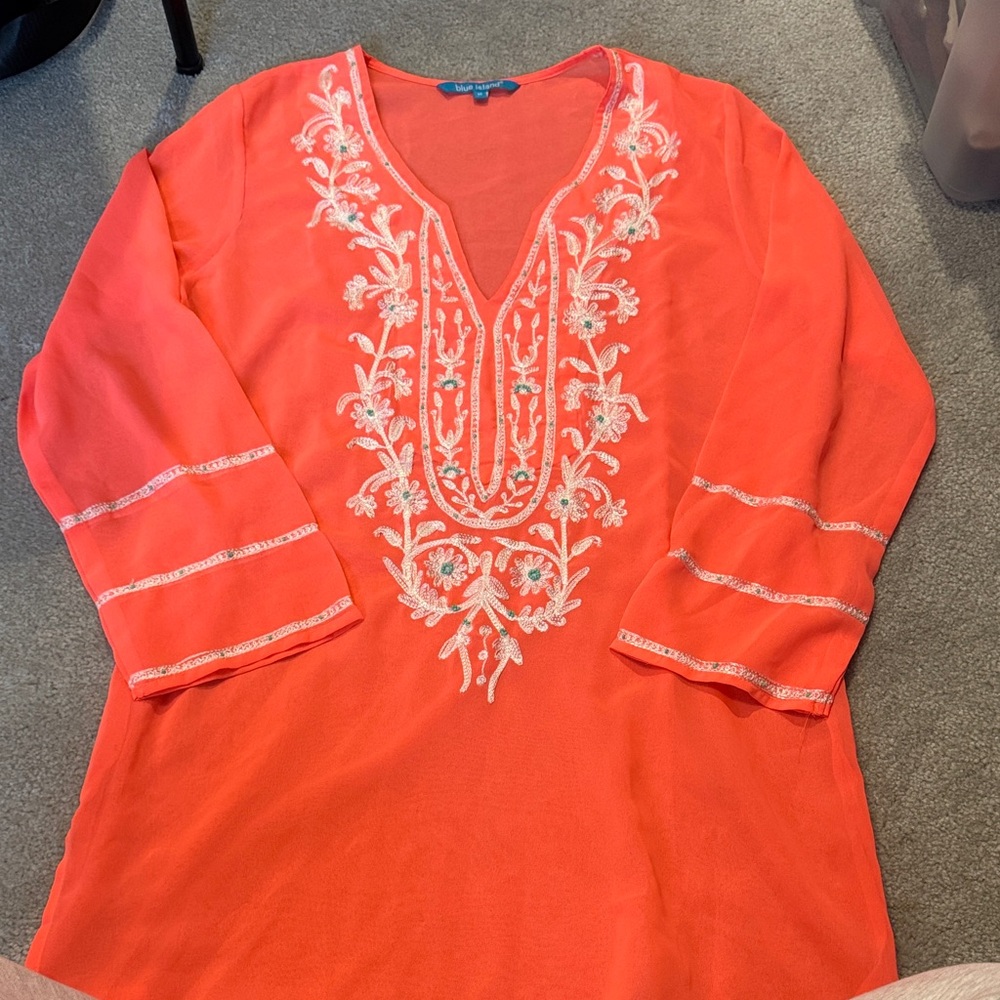 Blue Island Vibrant Coral Embroidered Coverup